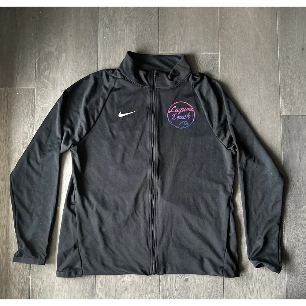 Nike‎ Dri-Fit Jacket Womens Large Black White Swoosh Gym Athletic Track Full Zip